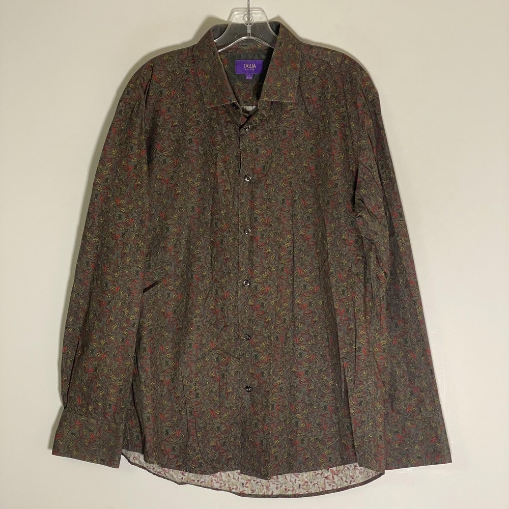 Tallia Shirt Mens L 16.5 Gray Floral‎ Button Front Long Sleeve Cotton Dress